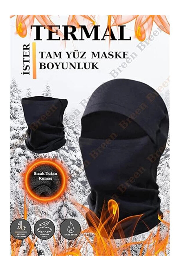 Termal Tam Yüz Kar Maskesi, Rüzgar Korumalı, Siyah Renk, Tek Beden
